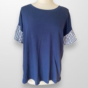 LOFT Woman's Size XL Top Shirt Blue Gingham Short Sleeve‎ Casual Tee NEW